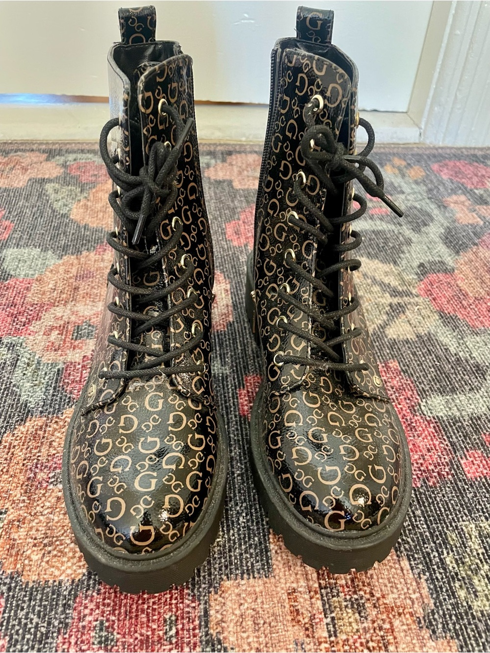 Guess Black Logo Lace-Up Combat Boots